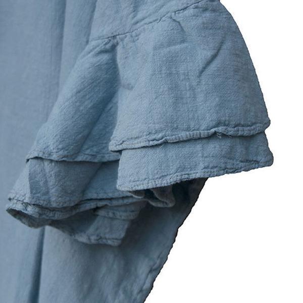 Women Cotton Flax Ruffle Sleeve Loose Light Blue Tops