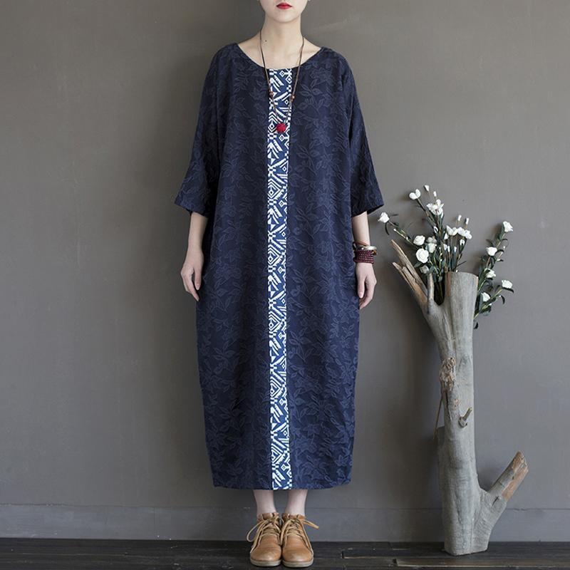 Women Cotton Floral Jacquard Embroidered Casual Summer Loose Dress 2019 May New One Size Navy Blue 
