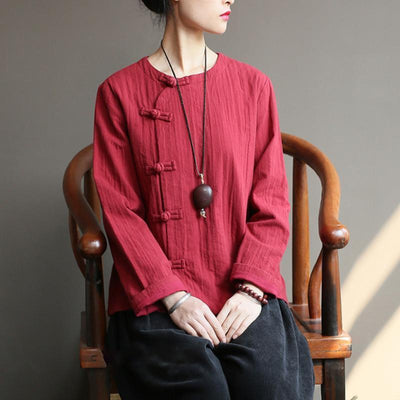 Women Cotton Frog O-Neck Casual Shirt 2019 March New M Red 