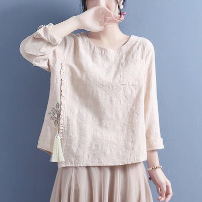 Women Cotton Linen Autumn Long Sleeve Tassel T-Shirt