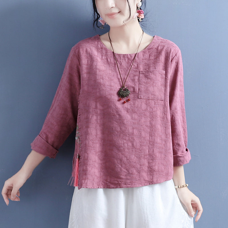 Women Cotton Linen Autumn Long Sleeve Tassel T-Shirt Aug 2022 New Arrival One Size Pink 