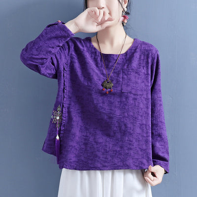 Women Cotton Linen Autumn Long Sleeve Tassel T-Shirt Aug 2022 New Arrival One Size Purple 