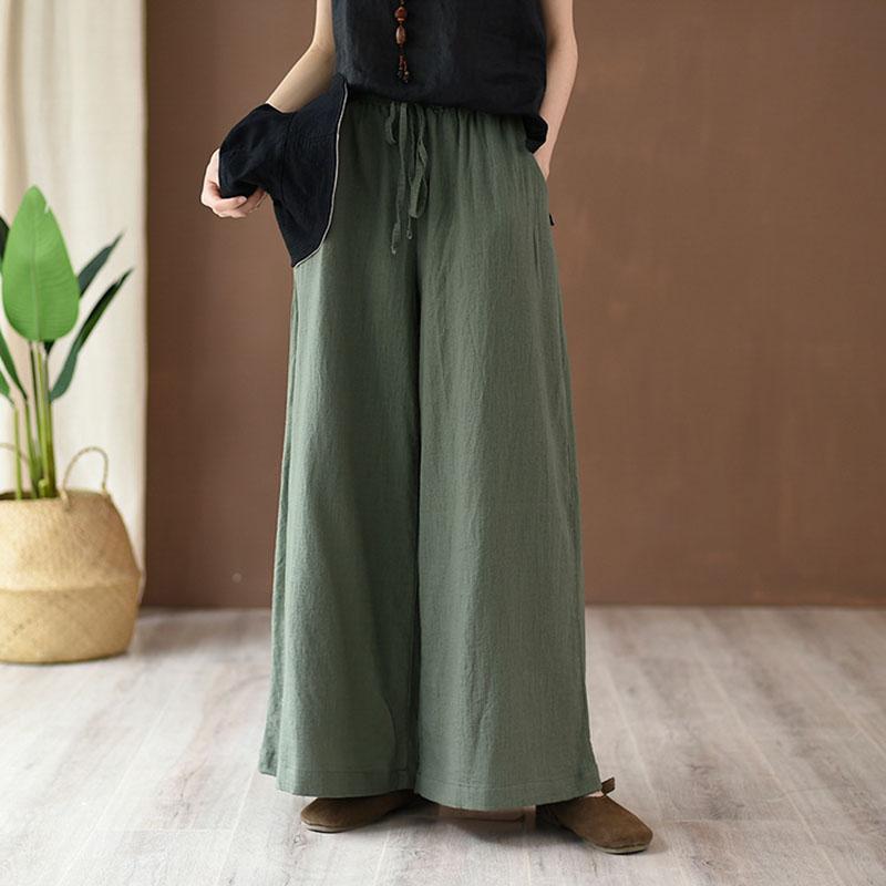 Women Cotton Linen Wide Leg Pants in Green - Babakud
