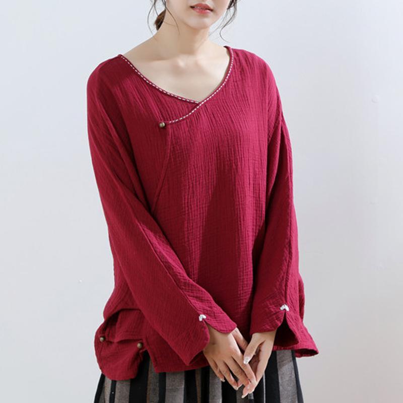 Women Embroidered Casual Button Front Loose Blouse
