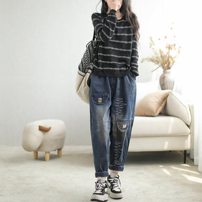 Women Fashion Casual Loose Patchwork Jeans