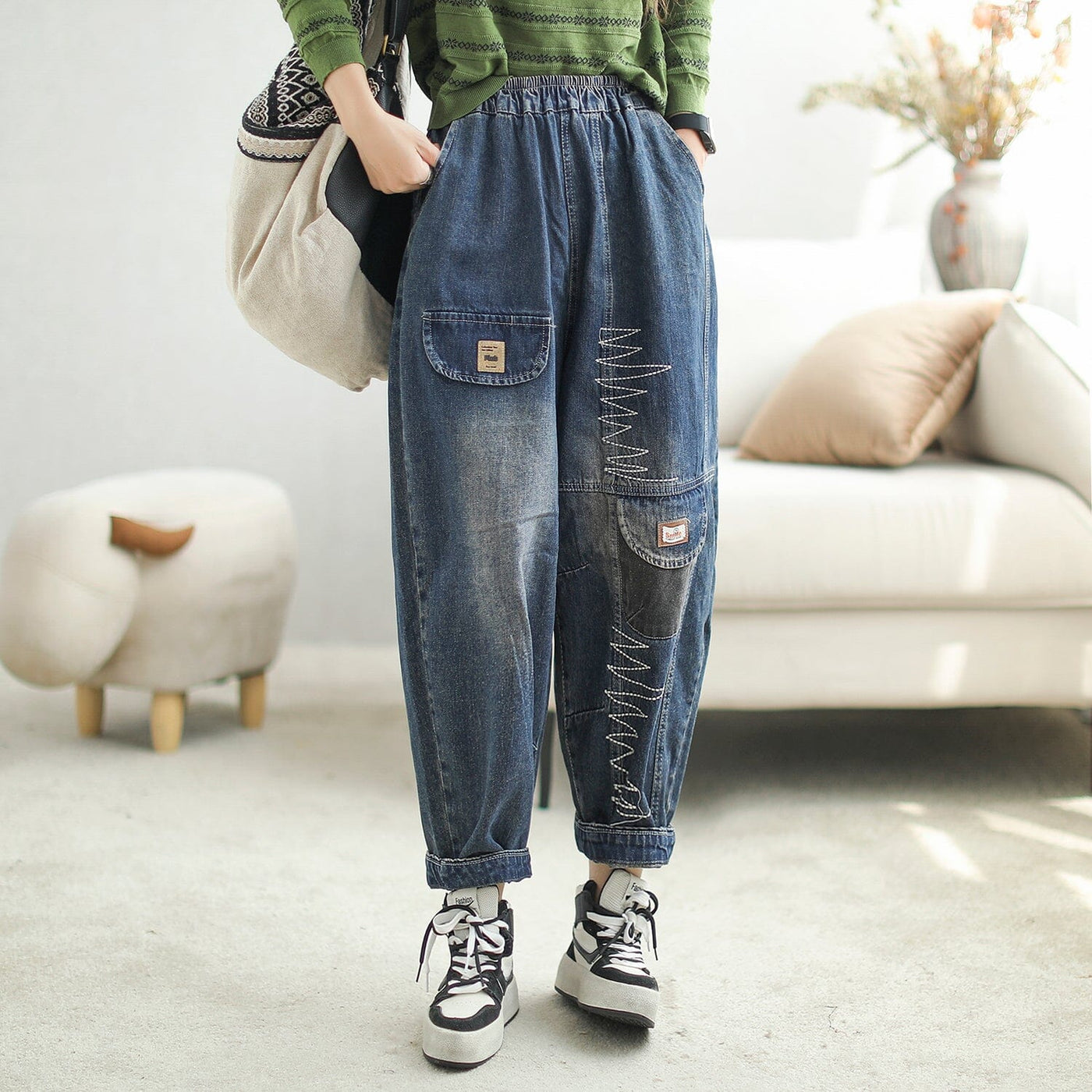 Women Fashion Casual Loose Patchwork Jeans Sep 2023 New Arrival L Blue 
