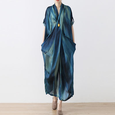 Women Fashion Cross-neck Elegant Silk Two Piece Dress Maxi Dresses Cll One Size Blue 