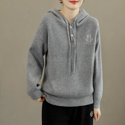 Women Fashion Embroidery Cotton Knitted Hoodie Nov 2022 New Arrival One Size Gray 