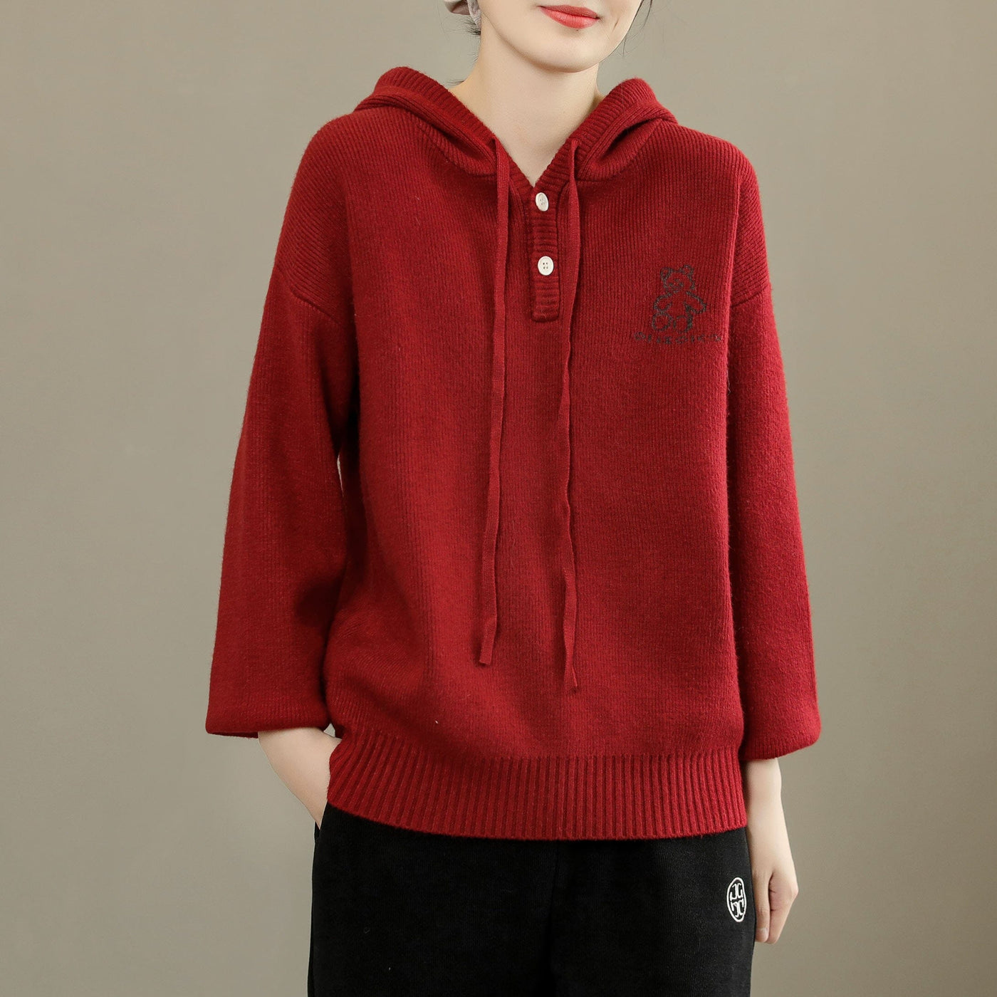 Women Fashion Embroidery Cotton Knitted Hoodie
