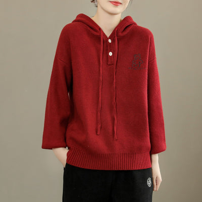Women Fashion Embroidery Cotton Knitted Hoodie Nov 2022 New Arrival One Size Red 