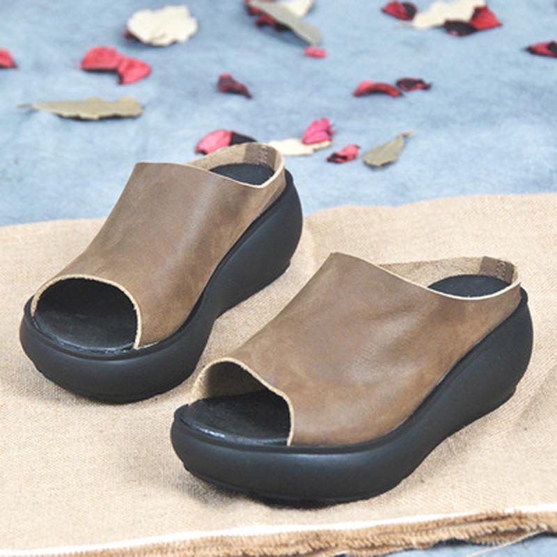 Women Fashion Platform Middle Heel Casual Slippers 2019 Jun New 35 Khaki 