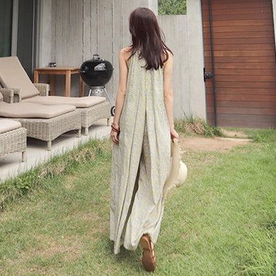 Women Floral Keyhole Halter Loose Wide Leg Casual Sleeveless Jumpsuits