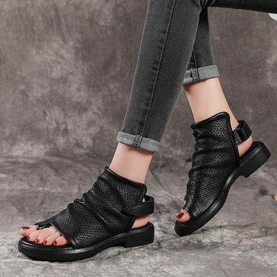 Women Hollow Out Clip Toe Leather Flats Sandals