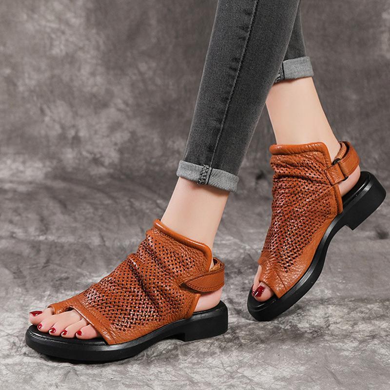 Women Hollow Out Clip Toe Leather Flats Sandals – Babakud
