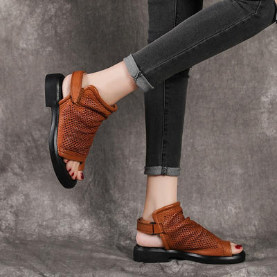 Women Hollow Out Clip Toe Leather Flats Sandals