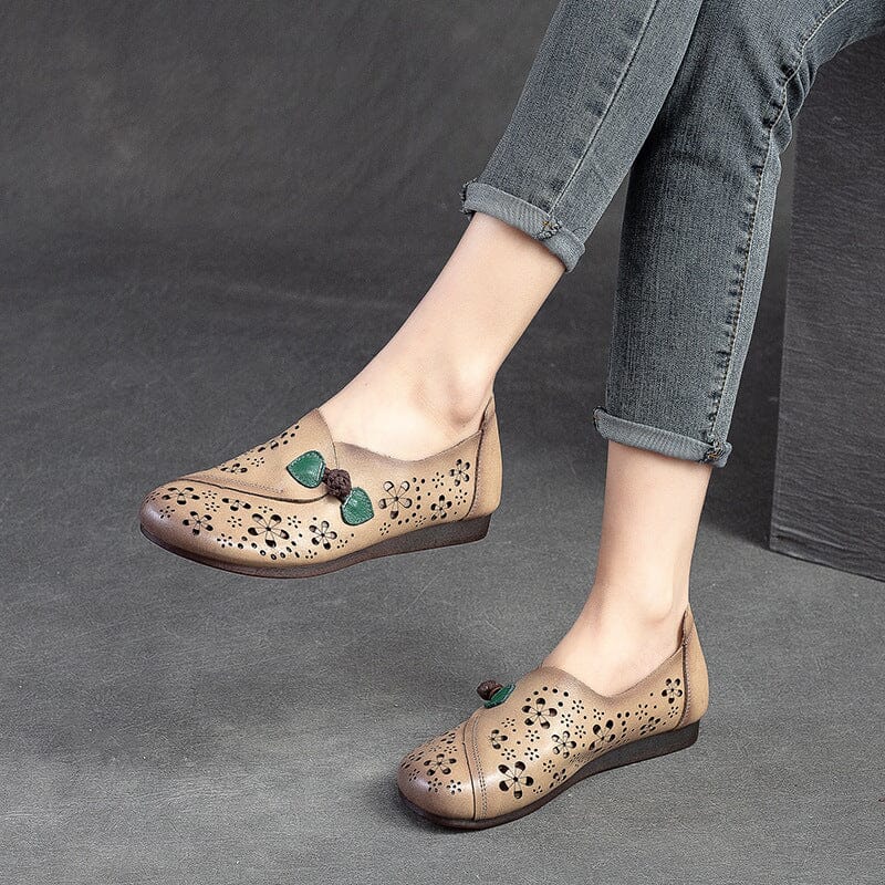 Women Hollow Soft Leather Retro Casual Shoes