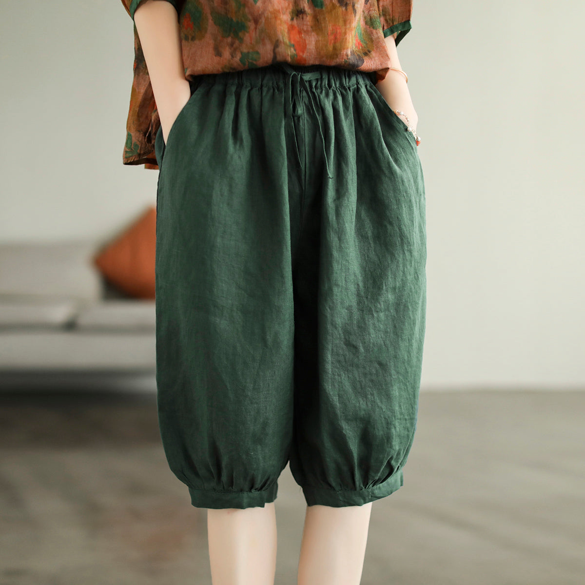 Women Knee Height Summer Solid Linen Casual Shorts Jul 2022 New Arrival One Size Green 