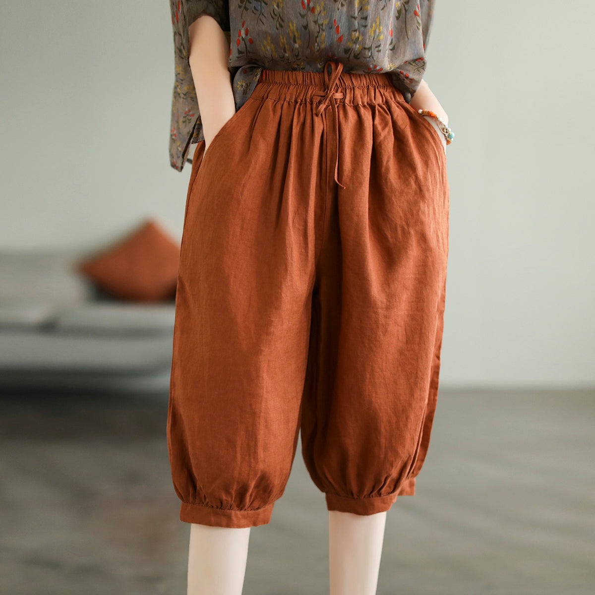 Women Knee Height Summer Solid Linen Casual Shorts Jul 2022 New Arrival One Size Orange 
