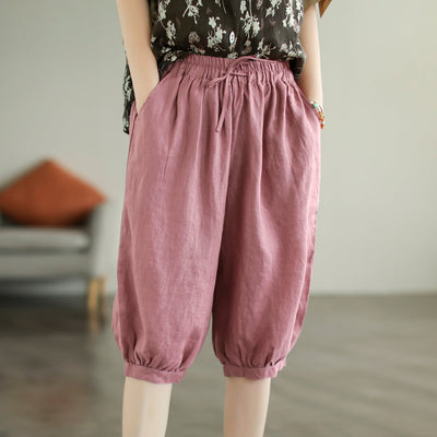Women Knee Height Summer Solid Linen Casual Shorts Jul 2022 New Arrival One Size Pink 
