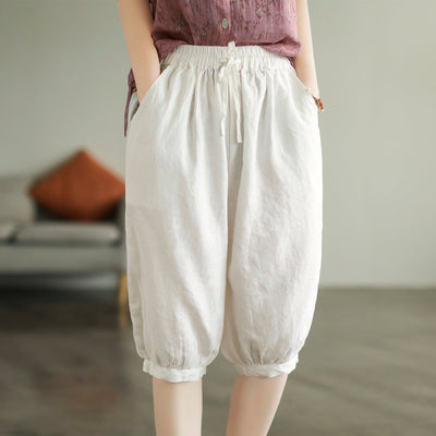 Women Knee Height Summer Solid Linen Casual Shorts Jul 2022 New Arrival One Size White 