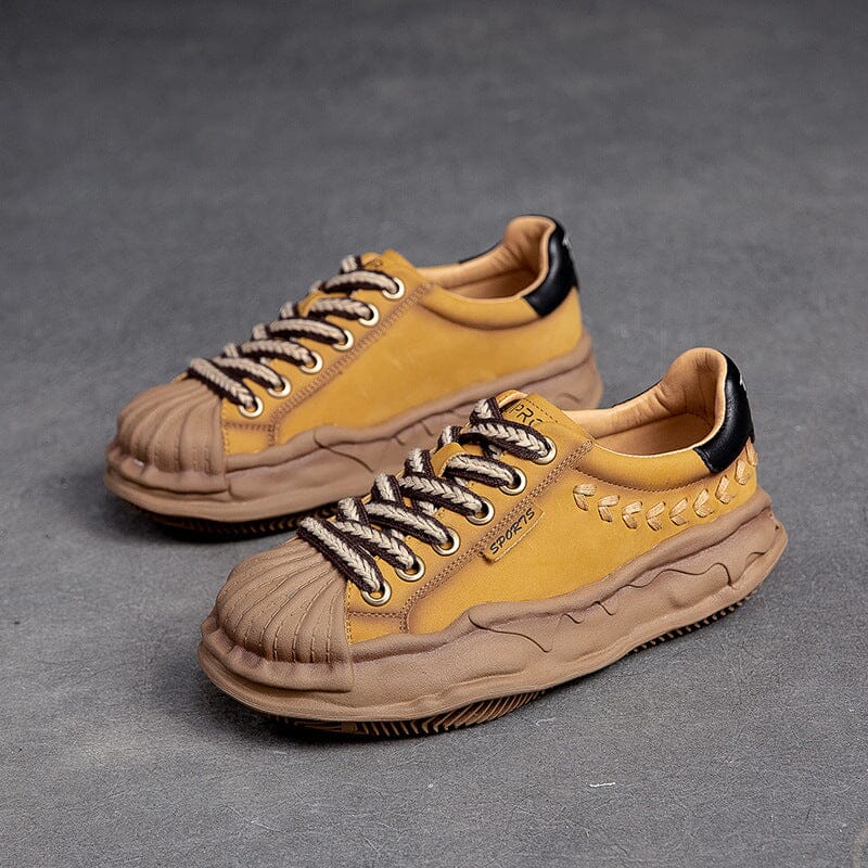 Women Leather Autumn Retro Casual Shoes Dec 2022 New Arrival Yellow 35 