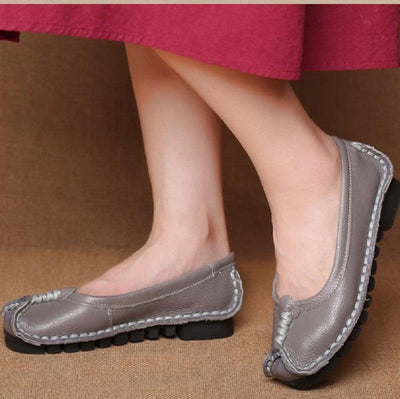 Women Leather Casual Flats Sewing Shoes 2019 Jun New 34 Deep Gray 