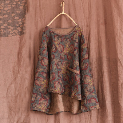 Women Linen Floral Round Neck Spring Shirt Jan 2022 New Arrival One Size Blue 