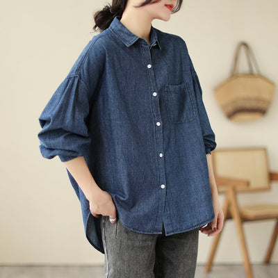 Women Loose Casual Cotton Casual Denim Blouse Feb 2023 New Arrival One Size Dark Blue 