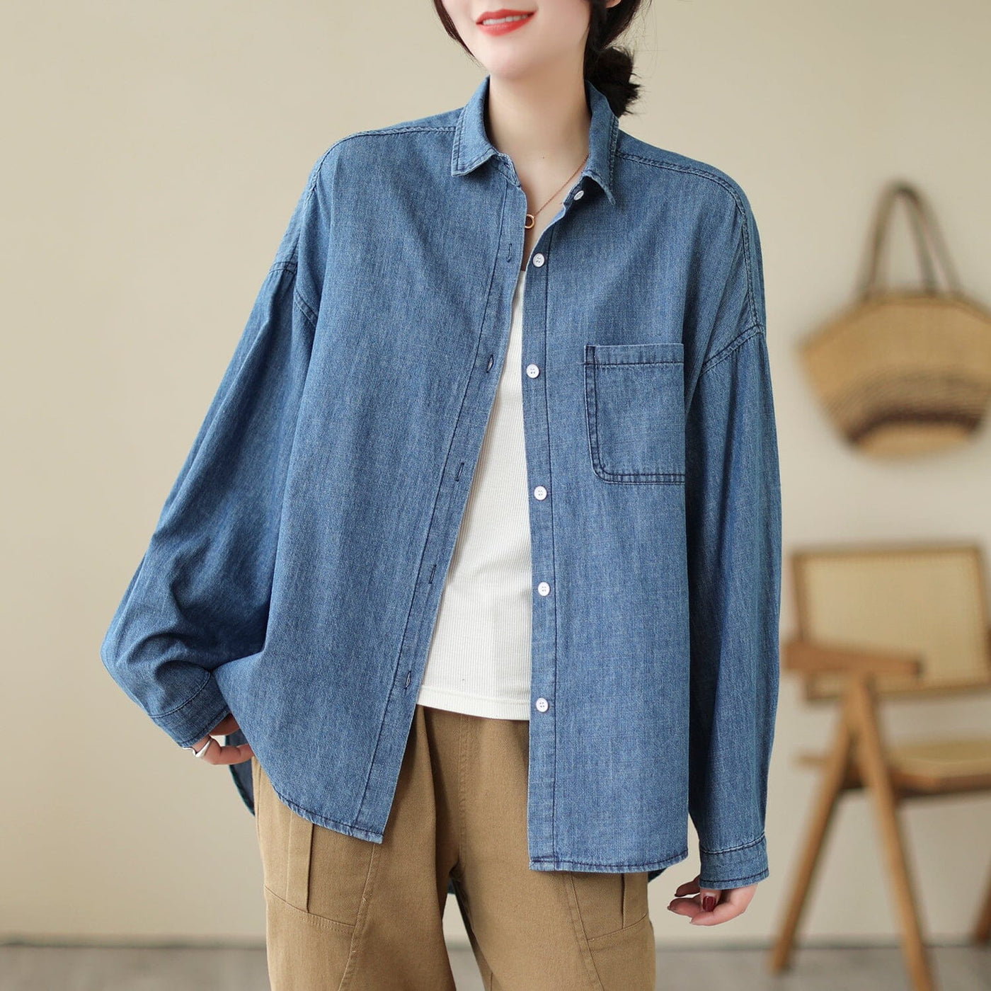 Women Loose Casual Cotton Casual Denim Blouse Feb 2023 New Arrival One Size Light Blue 