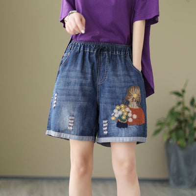 Women Loose Casual Embroidery Denim Shorts Jul 2023 New Arrival 