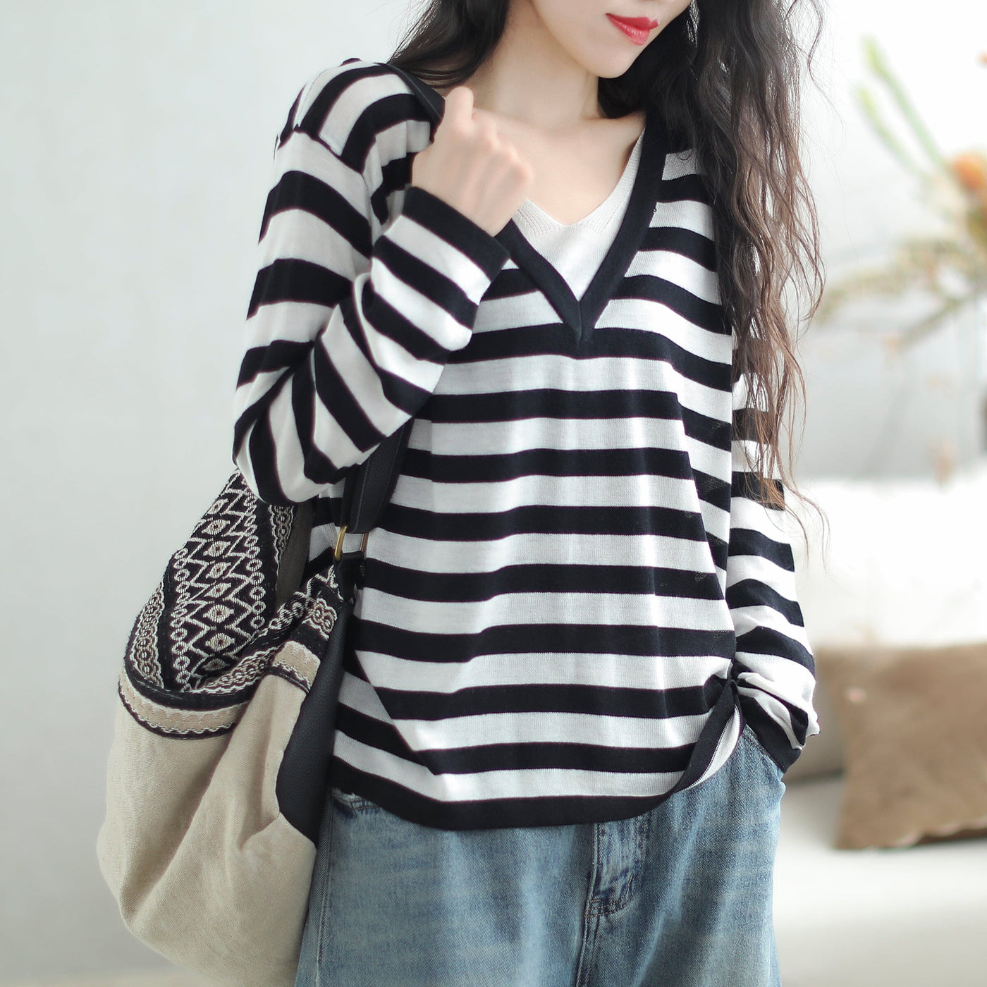 Women Loose Casual Fashion Stripe Knitted Top