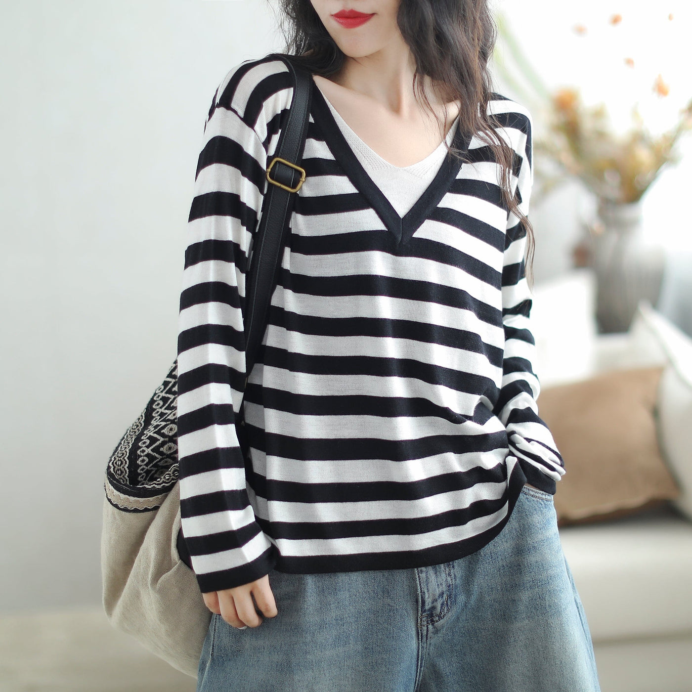 Women Loose Casual Fashion Stripe Knitted Top