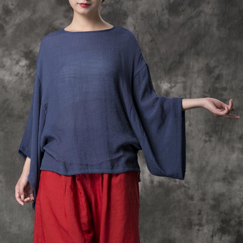 Women Loose Casual Solid Cotton Linen Blouse 2019 May New One Size Deep Blue 