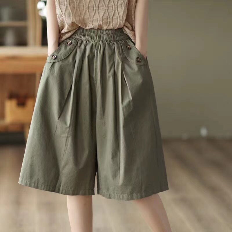 Women Loose Casual Summer Minimalist Cotton Shorts Jun 2023 New Arrival Green One Size 