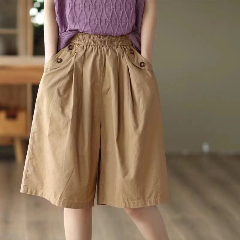 Women Loose Casual Summer Minimalist Cotton Shorts Jun 2023 New Arrival Khaki One Size 