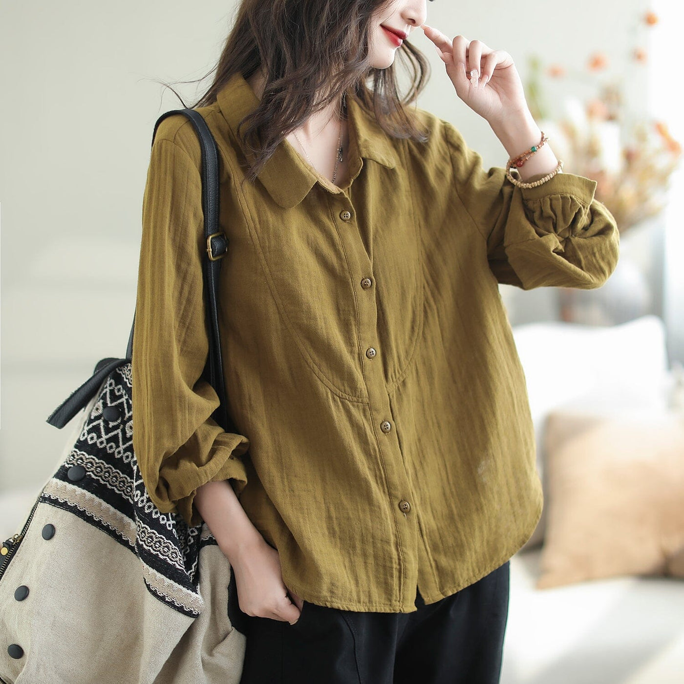 Women Loose Cotton Autumn Long Sleeve Blouse Sep 2023 New Arrival One Size Dark Yellow 