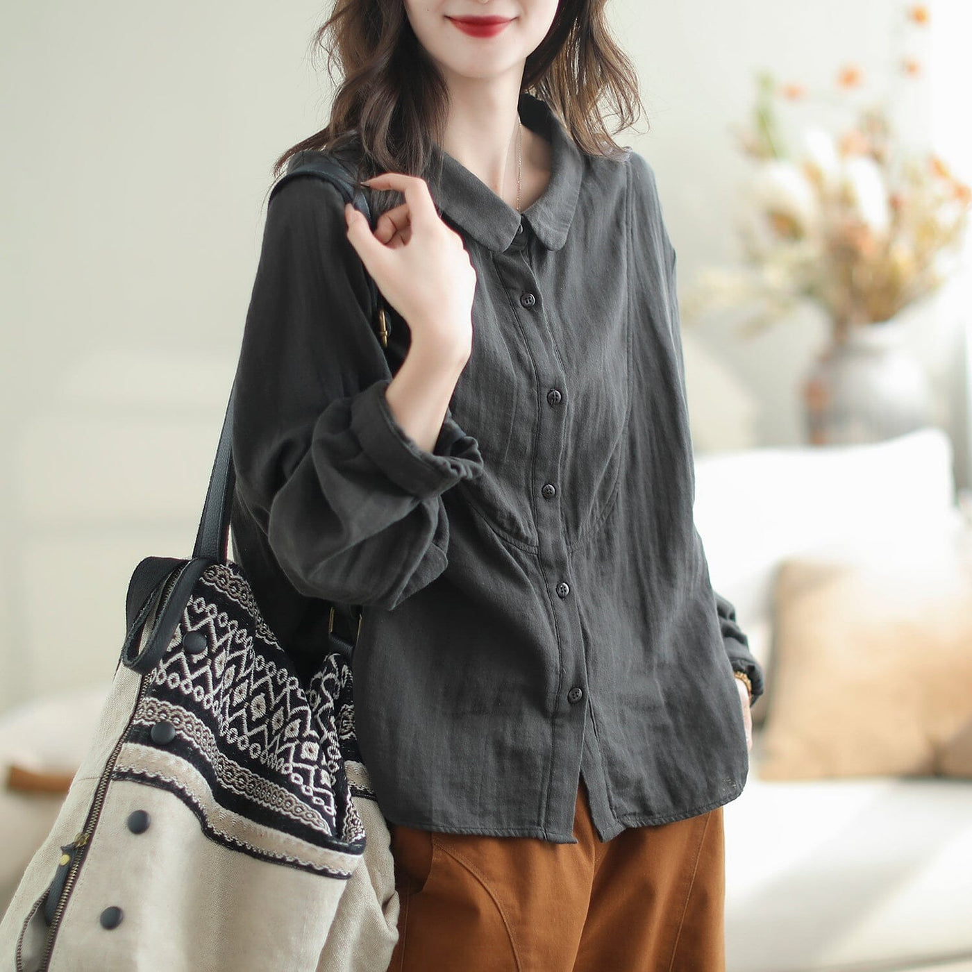 Women Loose Cotton Autumn Long Sleeve Blouse Sep 2023 New Arrival One Size Gray 