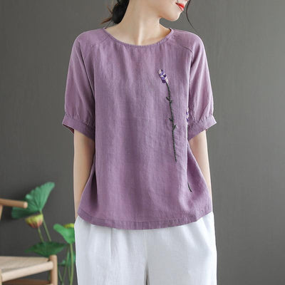 Women Loose Ethnic Cotton Linen T-Shirt May 2021 New-Arrival M Purple 