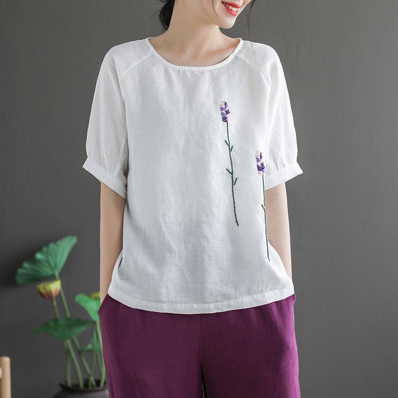 Women Loose Ethnic Cotton Linen T-Shirt May 2021 New-Arrival M White 