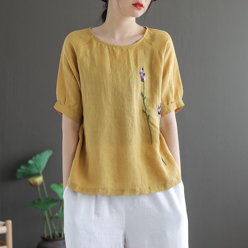 Women Loose Ethnic Cotton Linen T-Shirt May 2021 New-Arrival M Yellow 
