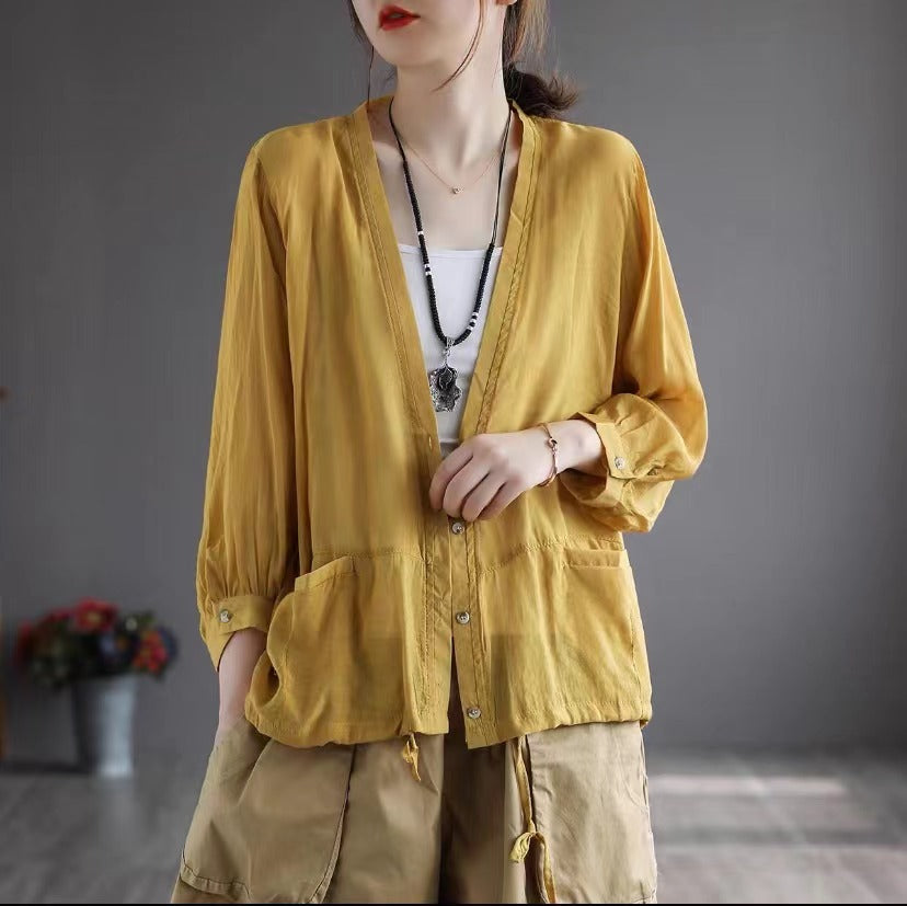 Women Loose Retro Summer Thin Sun-Proof Top Feb 2022 New Arrival One Size Yellow 