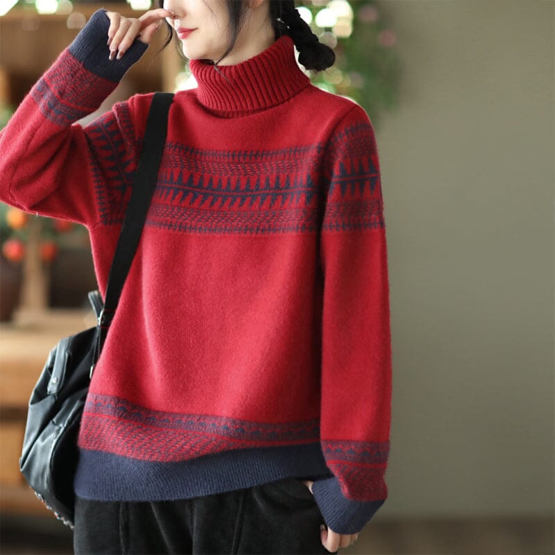 Women Loose Retro Winter Fleece Sweater Dec 2022 New Arrival One Size Red 