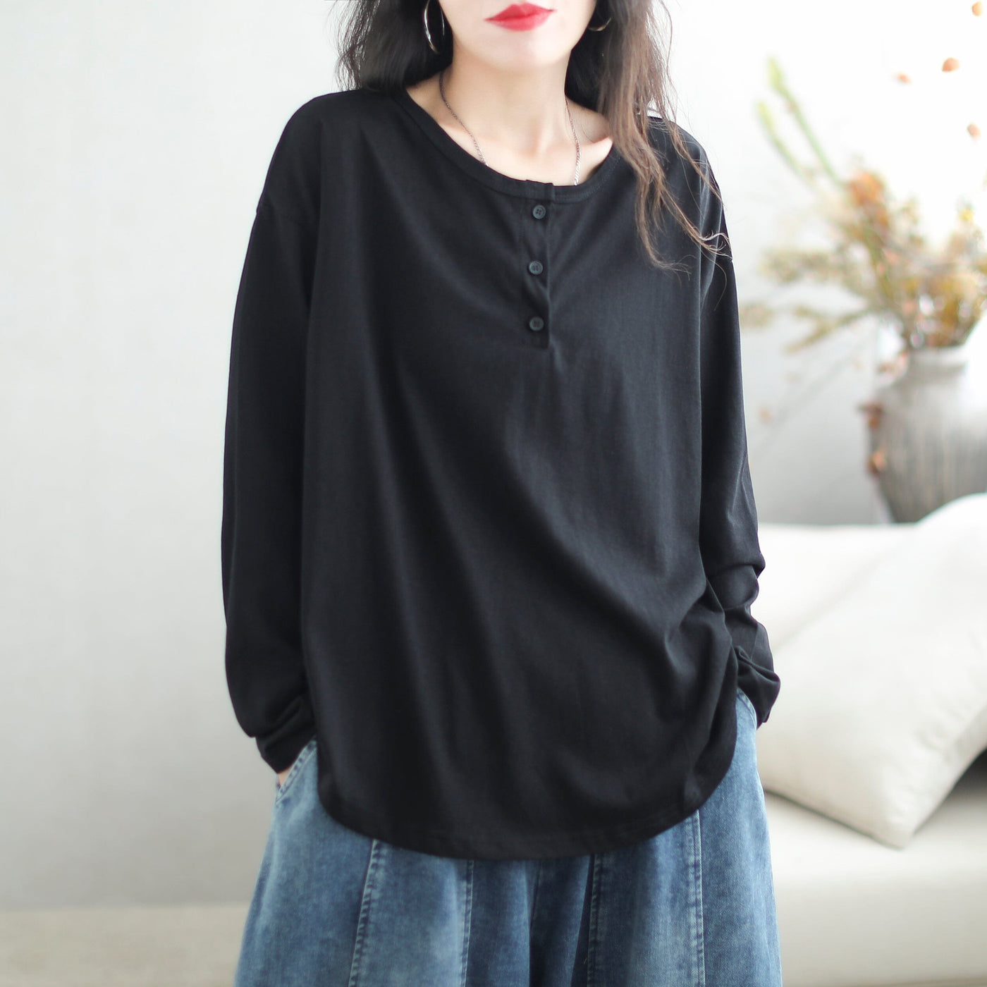 Women Loose Solid Fashion Casual T-Shirt Aug 2023 New Arrival One Size Black 