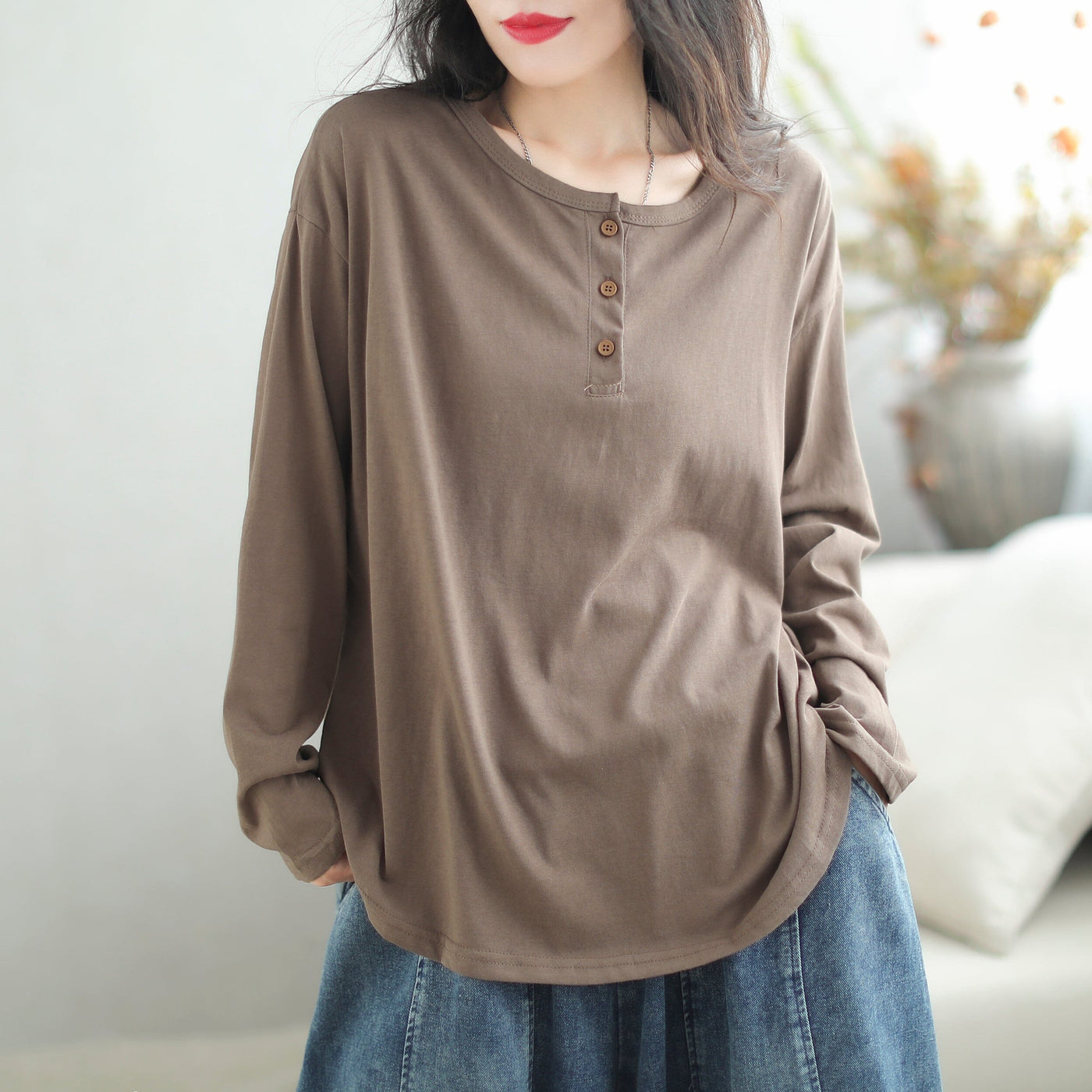 Women Loose Solid Fashion Casual T-Shirt Aug 2023 New Arrival One Size Coffee 