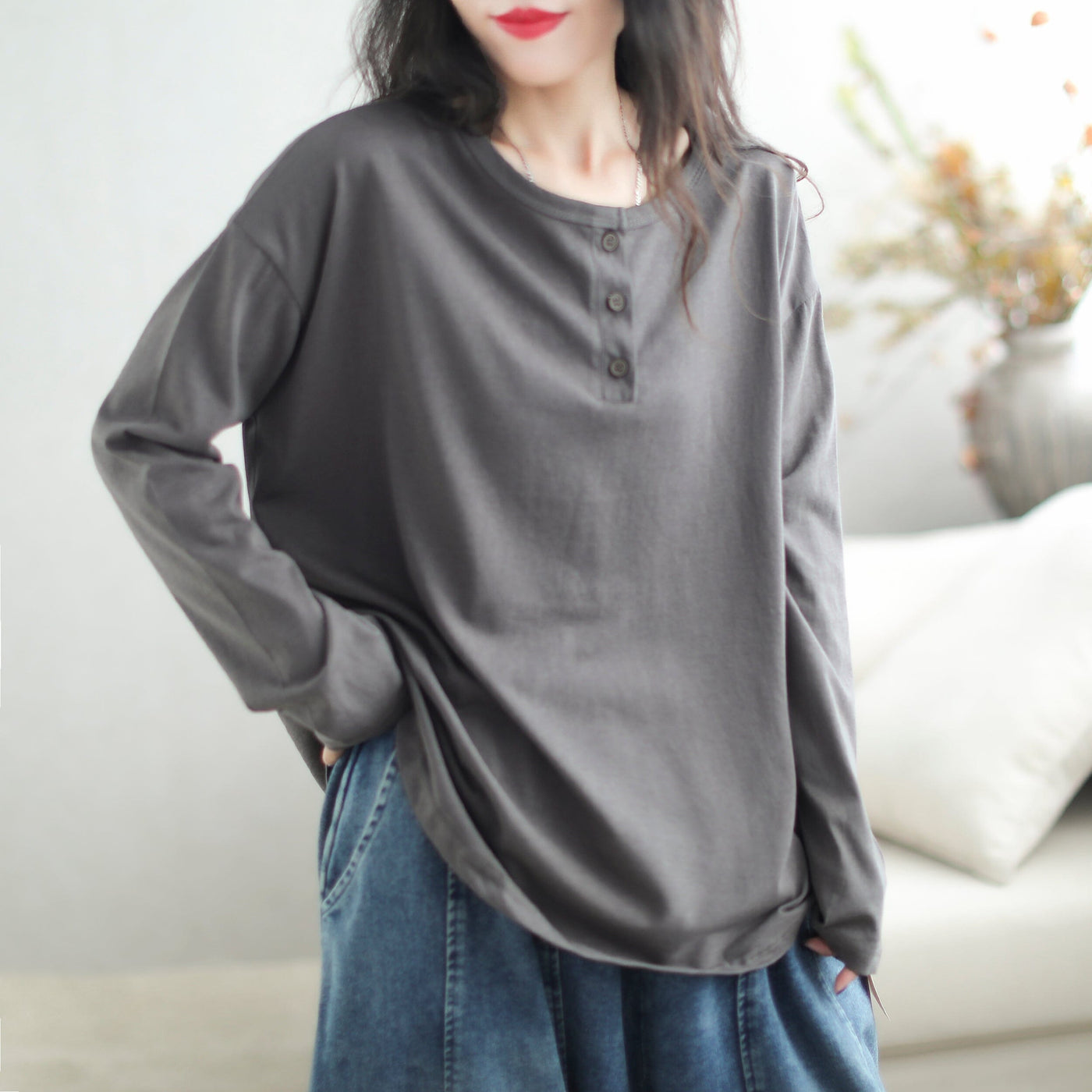 Women Loose Solid Fashion Casual T-Shirt Aug 2023 New Arrival One Size Gray 