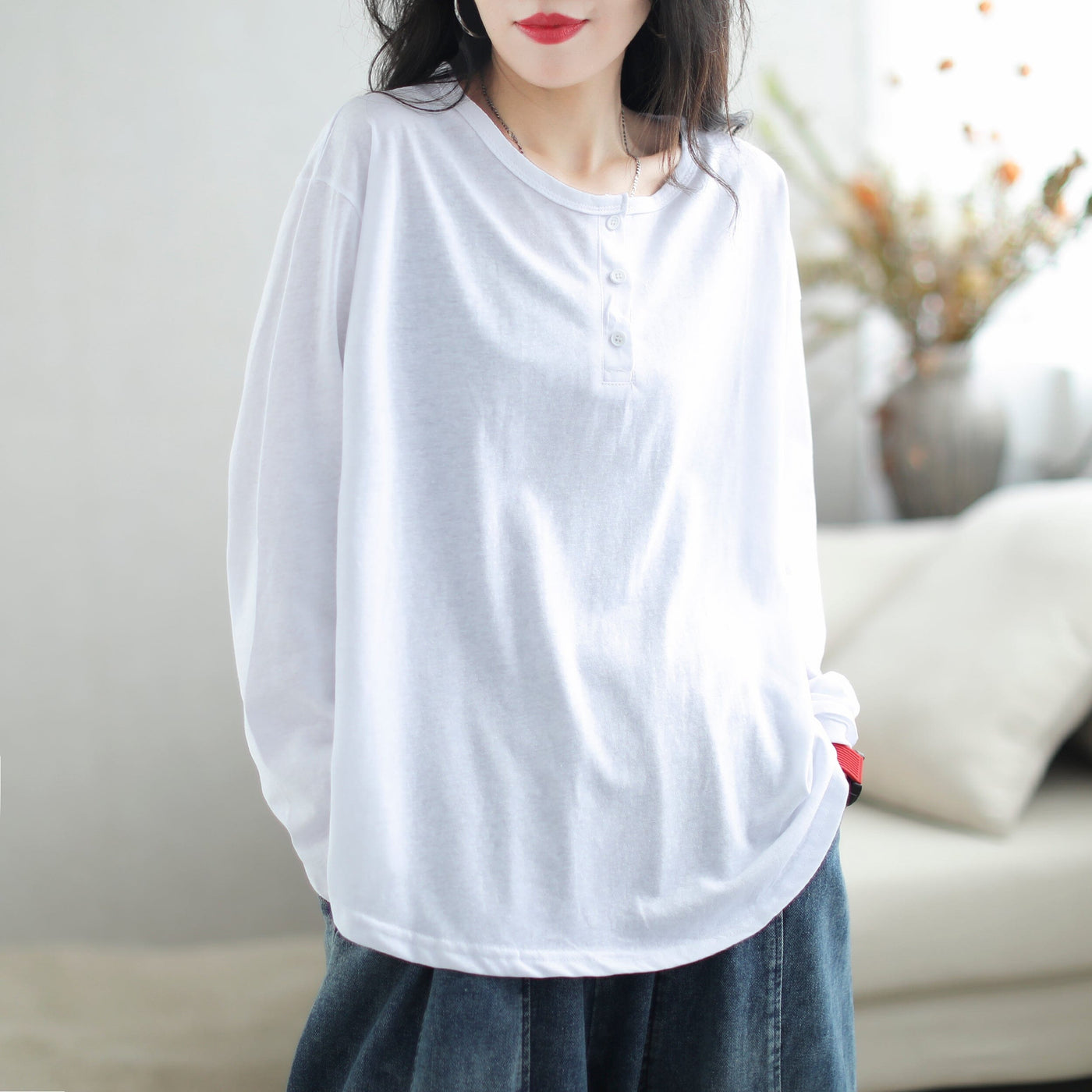 Women Loose Solid Fashion Casual T-Shirt Aug 2023 New Arrival One Size White 