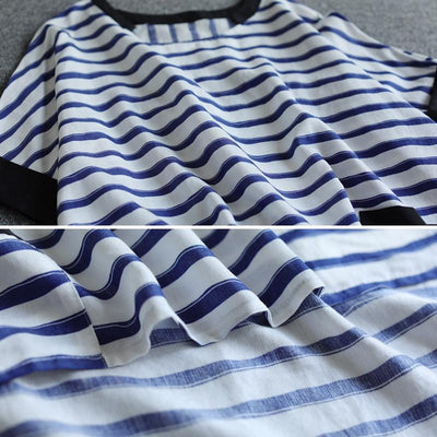 Women Loose Stripe Casual Fashion Cotton Linen T-Shirt July 2021 New-Arrival 
