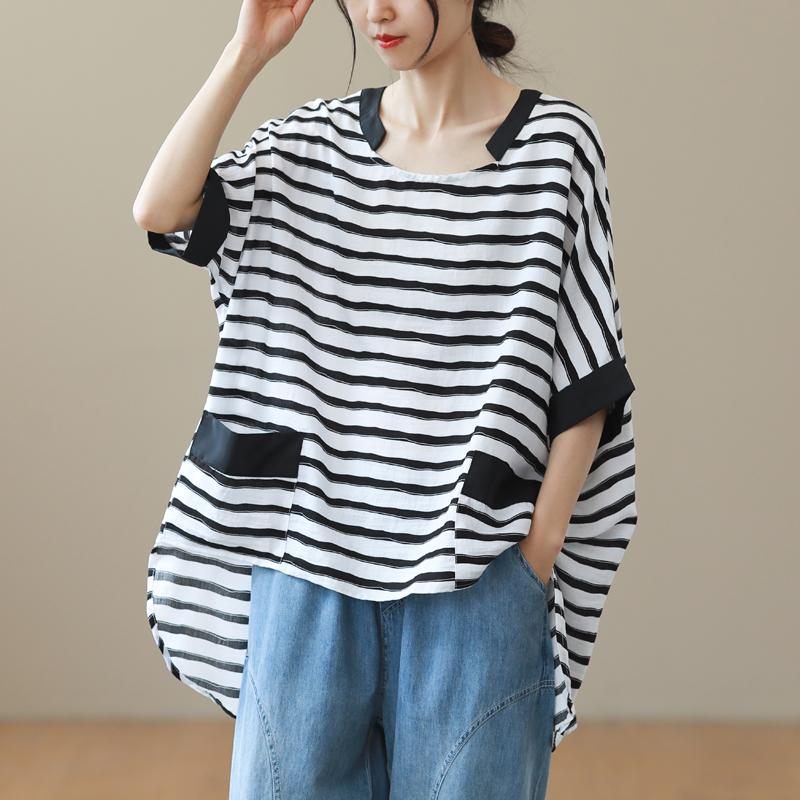 Women Loose Stripe Casual Fashion Cotton Linen T-Shirt