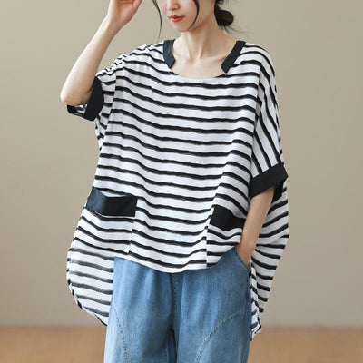 Women Loose Stripe Casual Fashion Cotton Linen T-Shirt July 2021 New-Arrival Black 