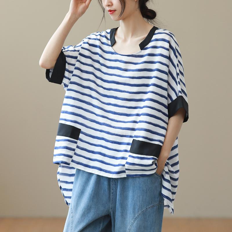 Women Loose Stripe Casual Fashion Cotton Linen T-Shirt July 2021 New-Arrival Blue 